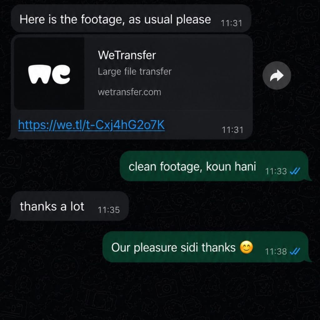 WhatsApp conversation showing a client sending footage and receiving confirmation within minutes